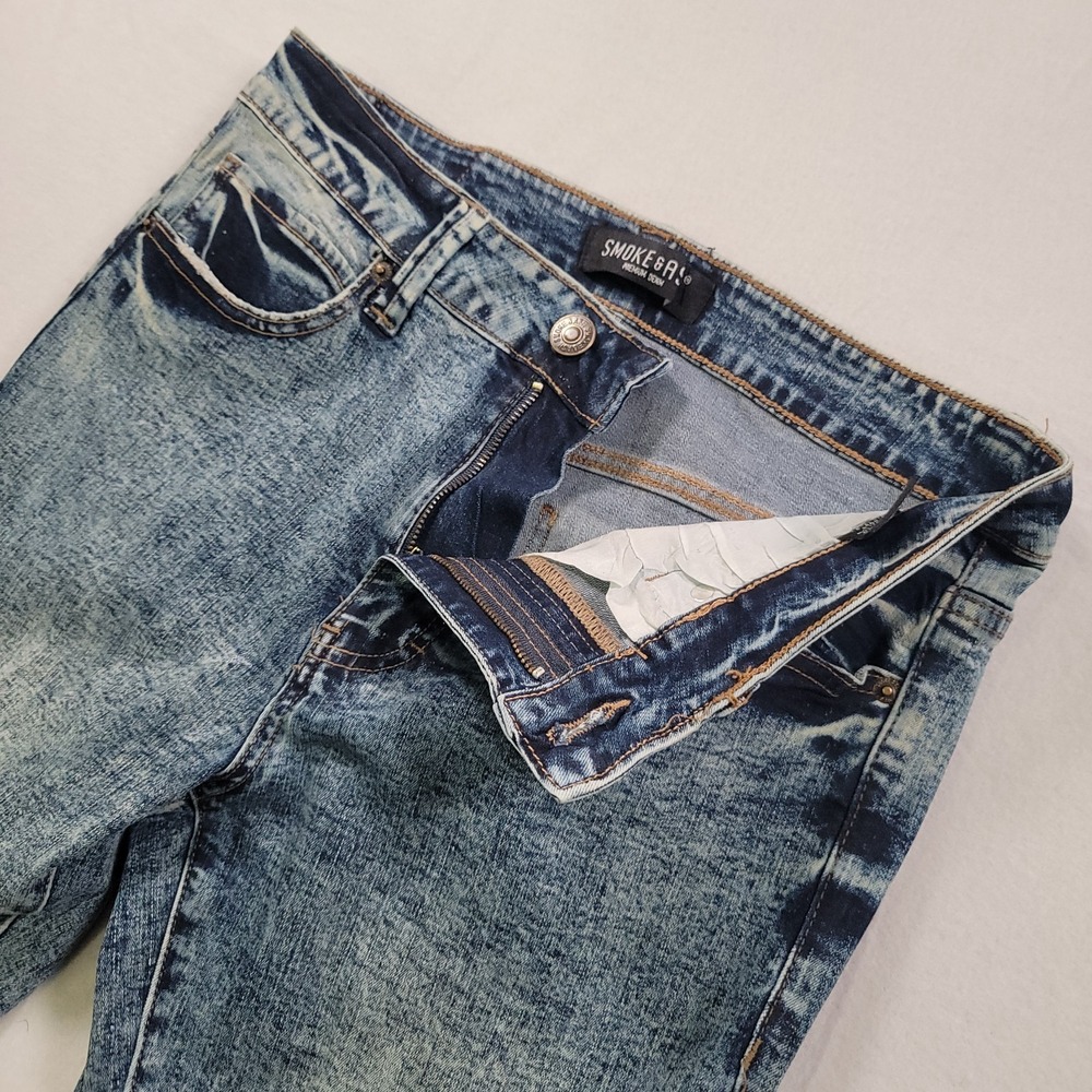 Smoke & Ash Jeans Mens 32x32 Blue Acid Wash Moto Skinny Stretch‎ Denim